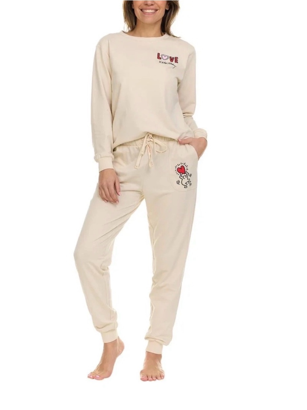 NWT! Keith Haring Women’s Lounge Set Cream with Iconic Red Heart Size XS NEW!